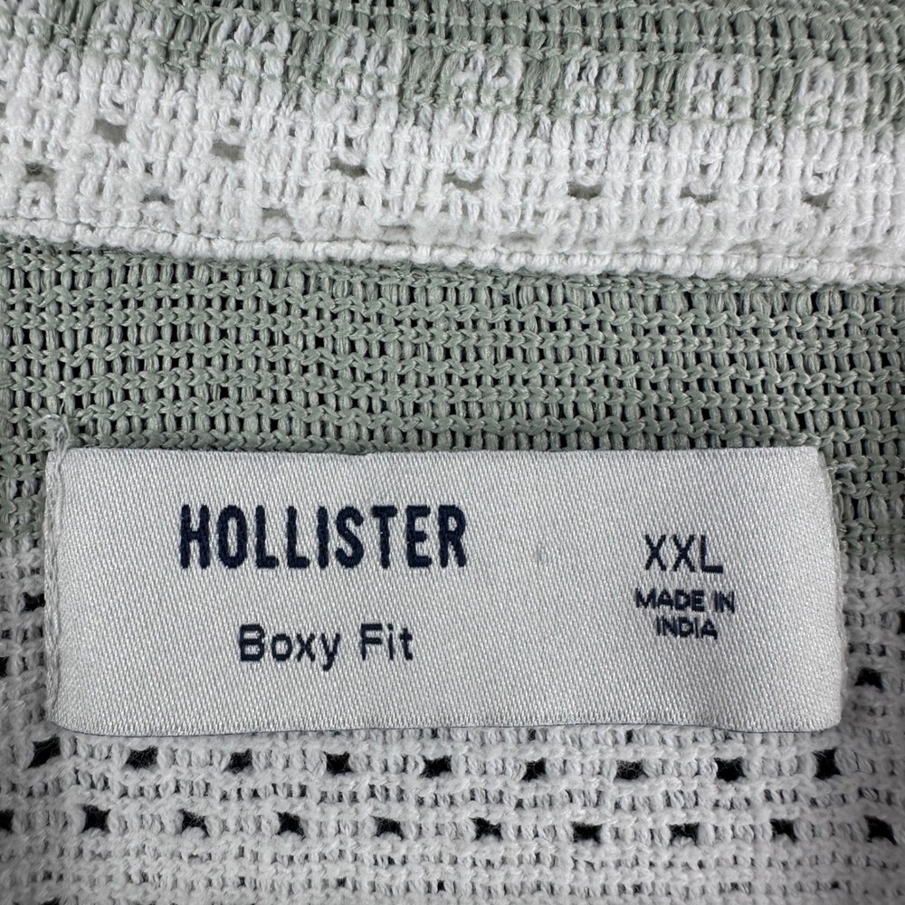 Hollister Button Down Mens XXL 2XL Green Striped Crochet Knit Boxy Fit Shirt - Picture 2 of 13